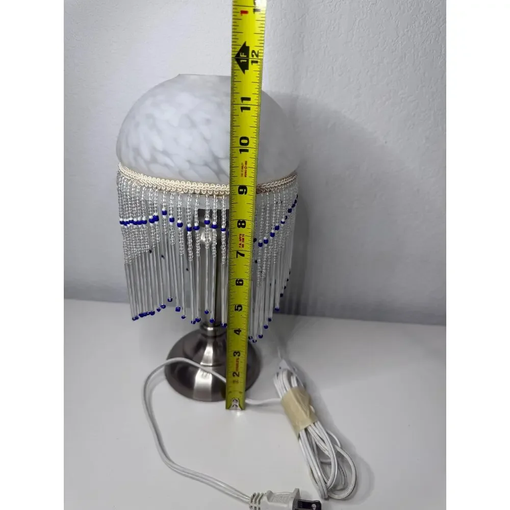 Boudoir Accent Lamp, Frosted Glass Globe Shade, Cobalt Blue Bead Fringe